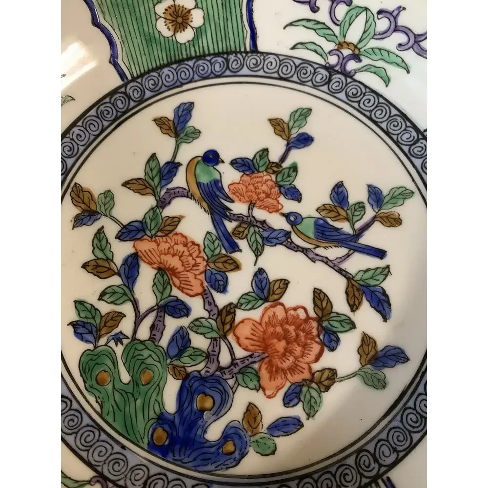 ACF Japanese Porcelain Ware Hong Kong Brass Clad Bowl, Blue Birds & Floral Decor